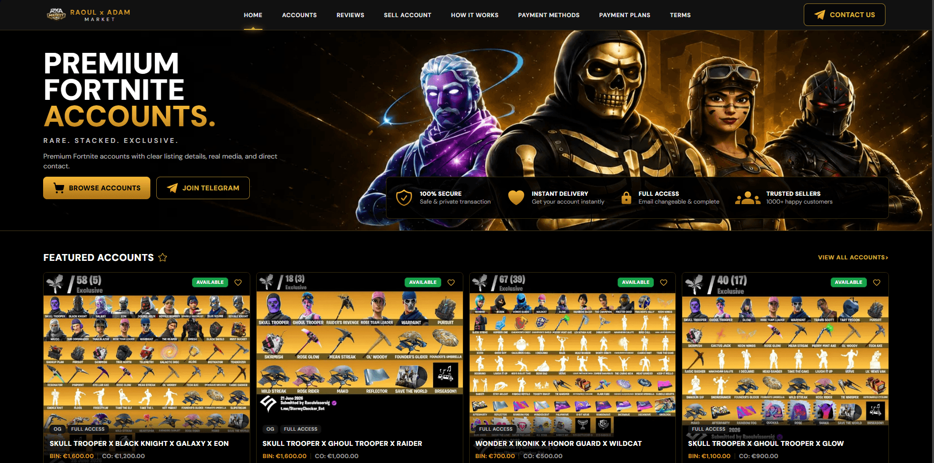 Premium storefront catalog built for a Fortnite accounts distributor